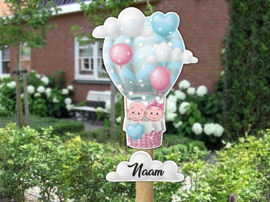 Geboortebord ballon tweeling naambord