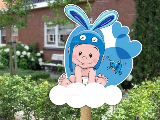 Geboortebord buiten baby konijnoor op wolk