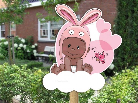 Geboortebord buiten baby meisje konijnoor op wolk 3