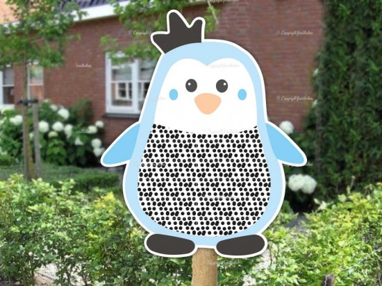 Geboortebord buiten pinguin kroon  babyblauw
