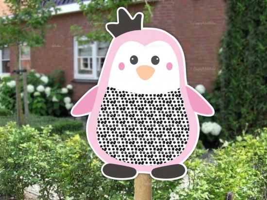 Geboortebord buiten pinguin kroon babyroze