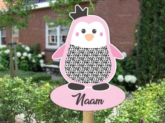 Geboortebord pinguin kroon met naam babyroze