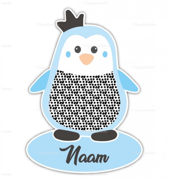 Geboortebord pinguin kroontje naambord babyblauw